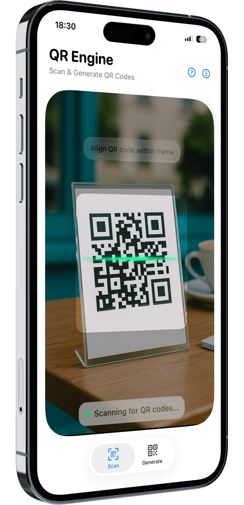 QR Scanner Interface showing real-time QR code detection with elegant glass design