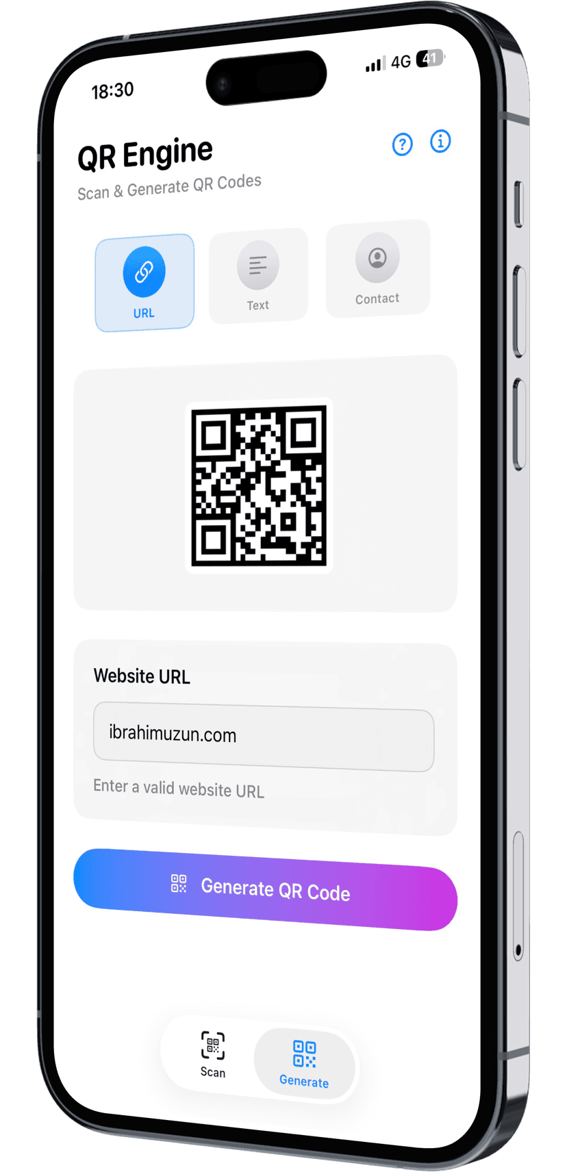 QR Generator Interface showing professional quality QR code creation with live preview