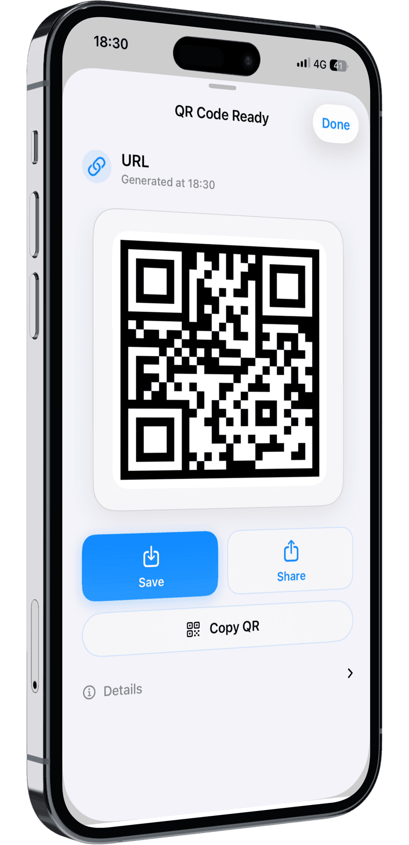 QR Code Preview and Actions showing high-quality vector output and sharing options